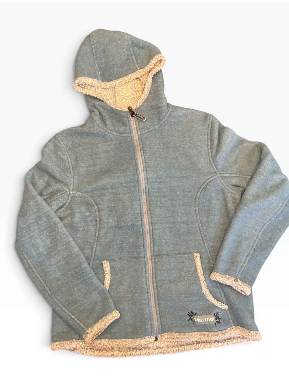 Marmot Full Zip Fleece Sherpa Lined Hoodie Jacket - Baby Blue - Size Large